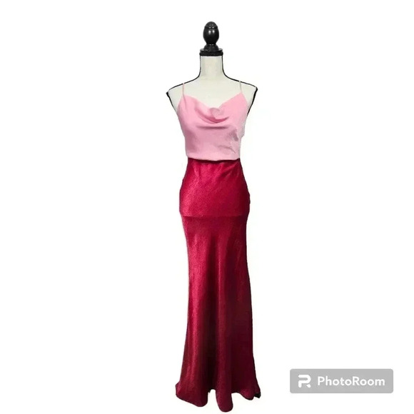 Lulus Exquisite Evening Pink Red Color Block Satin Maxi Dress Valentine's Day - Picture 1 of 14